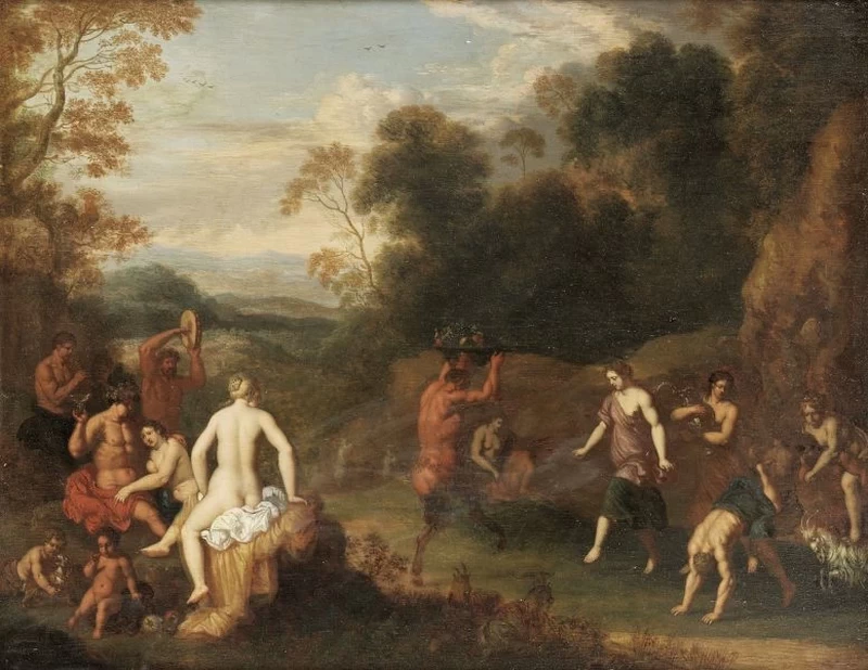 Paesaggio all'italiana con satiri e ninfe